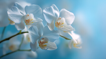 Delicate white orchids bloom against a soft blue background with gentle light