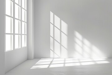 Obraz premium Sunlight streams into a minimalist white room, illuminating the floor and walls with a pattern of light and shadow cast from a large window. The scene is clean, simple and bright