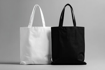 Two plain canvas tote bags, one white and one black,  stand side-by-side on a neutral gray surface.  Simple, neutral color scheme