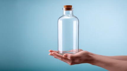 Clear glass bottle with cork stopper held by hands on blue background, symbolizing purity and simplicity in packaging design