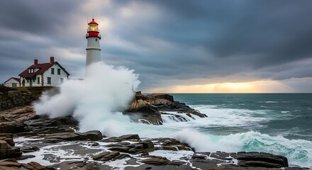 Obraz premium Lighthouse Waves Crashing.