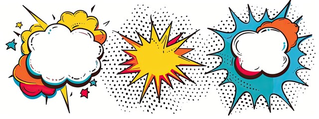 Three vibrant comic book style speech bubbles, each with unique shapes and colors, set against a dotted background, ready for text