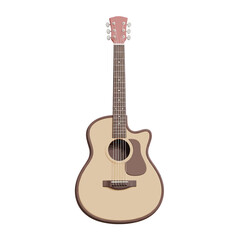 Obraz premium Acoustic guitar stands upright against a white backdrop, showcasing its natural wood finish and elegant curves, creating a sense of musical serenity.