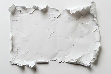 A high-angle, close-up shot of a piece of crumpled white paper with ragged edges, set against a plain white background