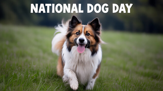 A happy dog running in a grassy field on National Dog Day