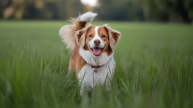 A happy brown and white dog running through a grassy field with its tail wagging