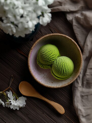 two balls of matcha ice cream in ceramic bowl 