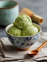 macro food photo of creamy matcha ice cream served in an elegant pastel ceramic bowl