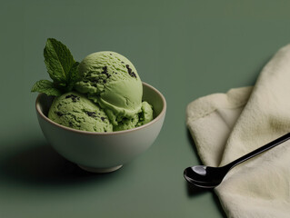 Green Tea Ice Cream Scoop in Ceramic Bowl