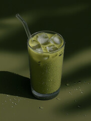 Fresh Iced Matcha Beverage on Modern Green Background