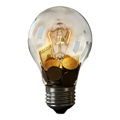 Creative light bulb filled with paper currency and coins symbolizing bright financial ideas, innovation, money savings, and economic growth
