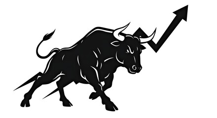 Obraz premium Bold black vector of a bull with horns and up trend chart