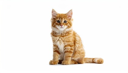 Obraz premium Red Tabby Kitten Sitting on White Background with Bright Studio Lighting and Soft Shadows Detailed Fur and Orange Eyes Looking Straight at the Camera