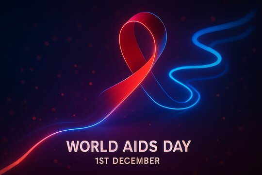 World aids day red and blue ribbon glowing abstract background with text