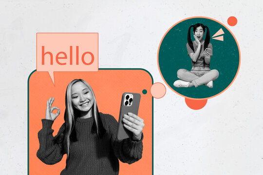 Trend composite sketch template photo collage of cideo call two young lady hold smartphone hello message netbook virtual technology online