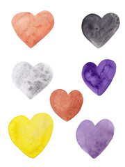 Watercolor multicolored hearts for your design. Isolated elements