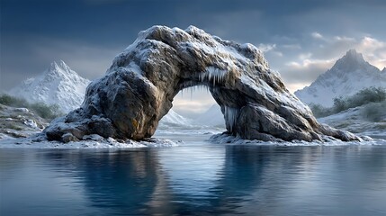 A breathtaking Antarctic seascape featuring a vivid blue iceberg arch floating above silver-cold waters, icicles glistening and a horizon of snow-draped hills beneath a soft, cloudy sky.