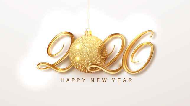 Realistic golden 2026 numbers with glitter and Xmas decor. Elegant white background perfect for Christmas and New Year posters or banners