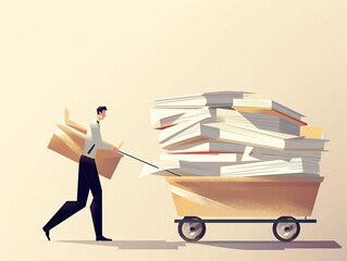 Illustration of a man burdened with paperwork and documents representing overwork