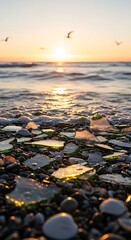 Obraz premium Sea Glass Beach Sunset Where Ocean Meets Sky, Serenity and Shattered Beauty