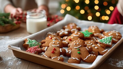 Gingerbread cookies on baking tray with milk and Christmas lights