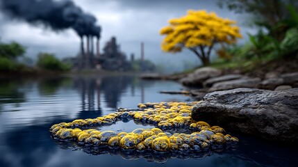 A macro shot of toxic bubbles forming in a polluted river near a chemical plant, with smokestacks billowing yellow fumes in the background. The watera??s surface reflects the industrial horror above.