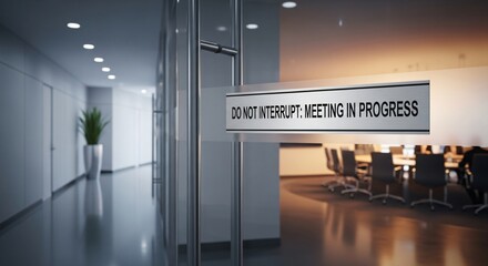 Do Not Interrupt Office Meeting in Progress Sign Placed Clearly on Corporate Conference Room Door