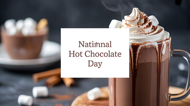 National Hot Chocolate Day celebration with a steaming mug of hot chocolate topped with whipped cream and marshmallows