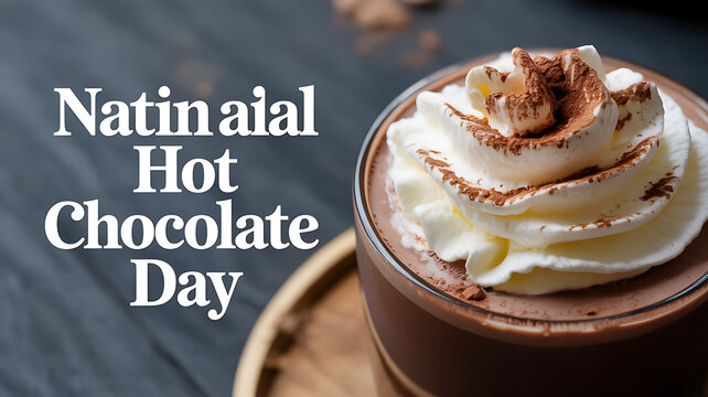 National Hot Chocolate Day celebration with a rich hot chocolate drink topped with whipped cream and cocoa powder