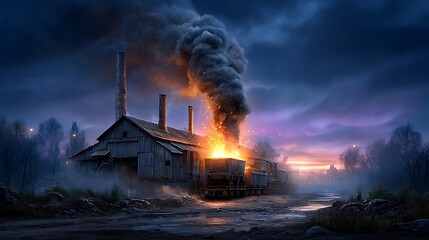 A detailed nighttime scene of a steel foundry, with molten metal glowing in pits and smokestacks emitting sparks and smoke into the dark sky. The industrial chaos is both mesmerizing and grim.