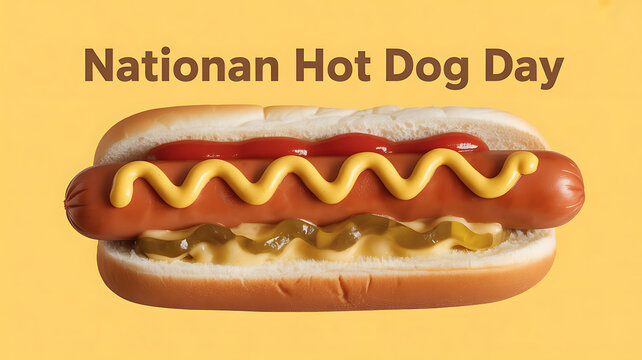 A hot dog with mustard, ketchup, and relish on a bun against a yellow background for National Hot Dog Day