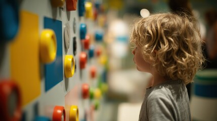 Playful kid exploring a colorful tactile wall with shapes and buttons face in sharp focus while the rest of the activity zone remains artistically out of focus.