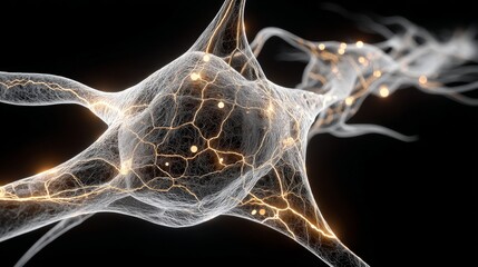 Abstract representation of a white neuron with golden highlights, symbolizing connection, communication, and intelligence