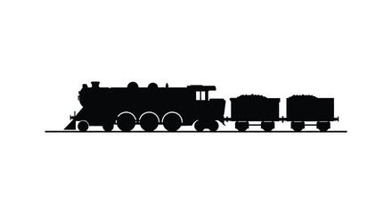 Black train with two cars depicted in a stark graphic silhouette