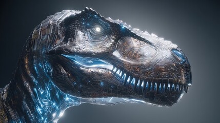 Cyborg dinosaur portrait with a metallic texture, representing a futuristic and intimidating fusion of nature and technology