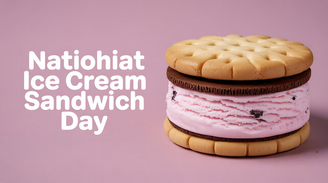 National Ice Cream Sandwich Day celebration featuring a pink ice cream sandwich with chocolate and vanilla cookies
