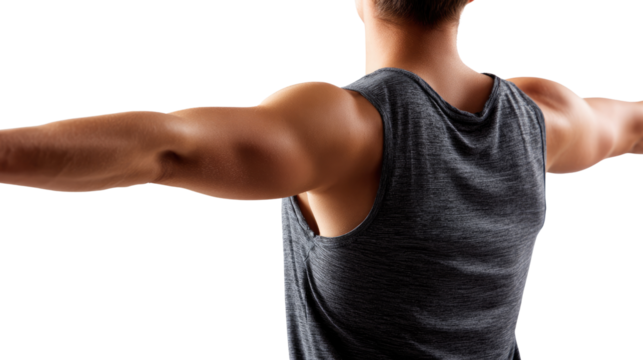 Muscular Upper Body: A fitness enthusiast displays their well-defined muscles in a studio setting, highlighting the dedication to physical fitness and strength training.