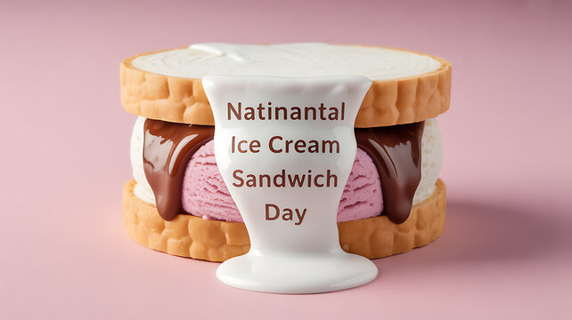 Ice cream sandwich with chocolate drizzle and white frosting on pink background, celebrating National Ice Cream Sandwich Day