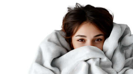 Cozy Comfort: A young woman finds solace and tranquility as she wraps herself in a soft blanket, creating a serene and private moment of self-care. 