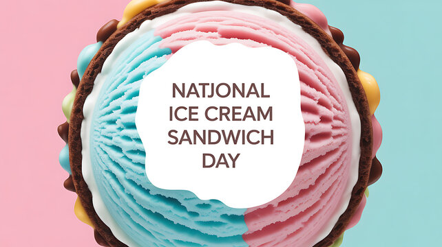 National Ice Cream Sandwich Day celebration with a colorful ice cream sandwich featuring pink, blue, and white swirls between chocolate cookies