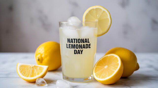 A glass of lemonade with ice and lemon slices, labeled 'National Lemonade Day', surrounded by fresh lemons on a marble surface.