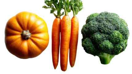 Vibrant Veggie Medley: A still-life composition featuring a vivid pumpkin, slender carrots, and a verdant broccoli head, celebrating the bounty of fresh produce.