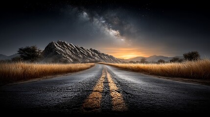 A desert highway under a starry sky, with motion blur emphasizing the vast emptiness. The Milky Way arcs over the road as it vanishes into the darkness.