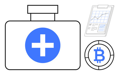 Fototapeta premium Medical kit with cross, Bitcoin coin, and analytics chart representing health, financial technology, digital payment. Ideal for blockchain, investment, fintech, healthcare innovation data analysis