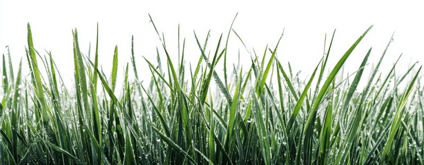 Obraz premium The Green Grass Blades with Dew Drops in Morning Light on White Background