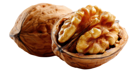 Walnut Duo: a close-up studio shot features one intact walnut and one cracked open, displaying its golden flesh, ideal for culinary and nutritional applications.