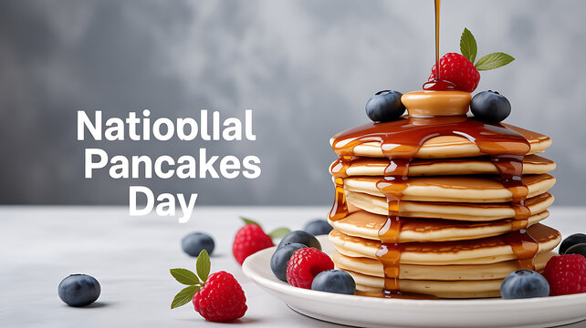 Stack of pancakes topped with berries and syrup being poured, celebrating National Pancakes Day