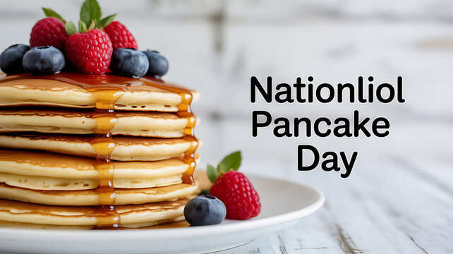 Stack of pancakes topped with berries and syrup on a plate, celebrating National Pancake Day