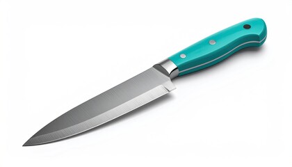 A teal-handled chef's knife with a stainless steel blade rests on a white background, angled slightly to the right.  The knife's handle has a subtle curve