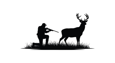 Hunter aiming rifle at majestic stag in grassy field silhouette © Kuntol02